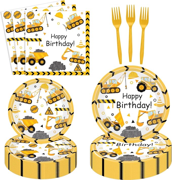51 Pcs Construction Birthday Party Supplies Dump Truck Tablecloth Paper Plates Napkins Forks Dinnerware for Construction Baby Shower 1st 2nd 3rd 4th Birthday Party Supplies Decorations