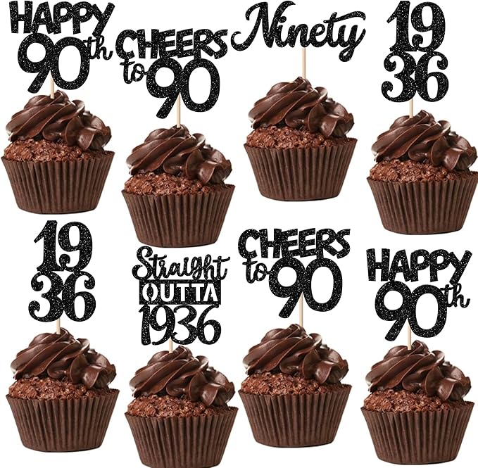 30PCS Black 90th Birthday Cupcake Toppers Glitter Nighty 90 Fabulous Happy 90 Straight Outta 1936 Cupcake Picks for 90th Birthday Anniversary Party Cake Decorations Supplies