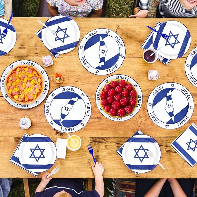 96Pcs Israel Flag Party Supplies Israeli Flag Plates and Napkins Blue and White jewish Flags Tableware Set for Israeli Independence Day Jewish Patriotic Holiday Party Supplies，Serves 24