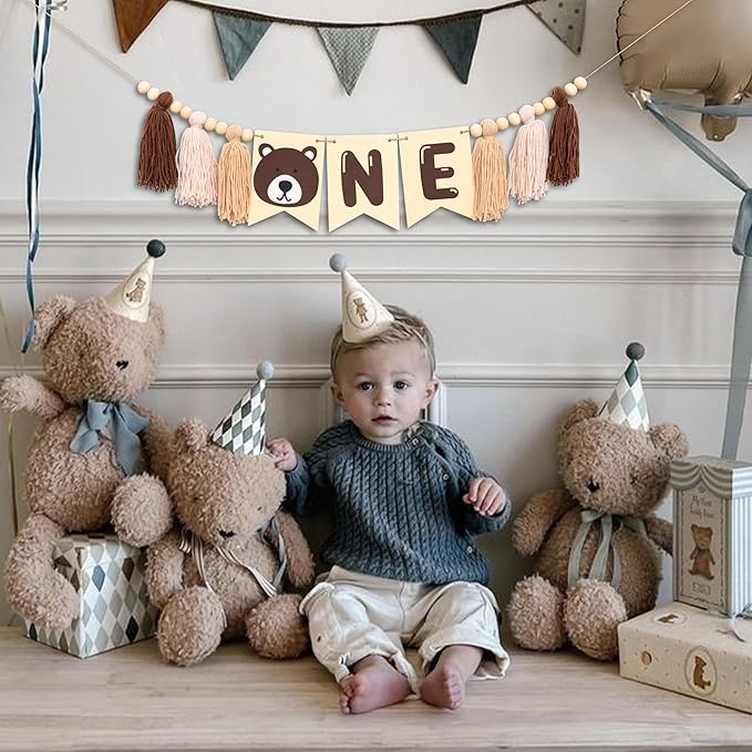 Gostman Bear One High Chair Banner - Beary First Birthday Party Decorations Banner,Happy Camper Party Highchair Banner for 1st Birthday,Camping Themed Party Decor (Bear Tassel Banner)
