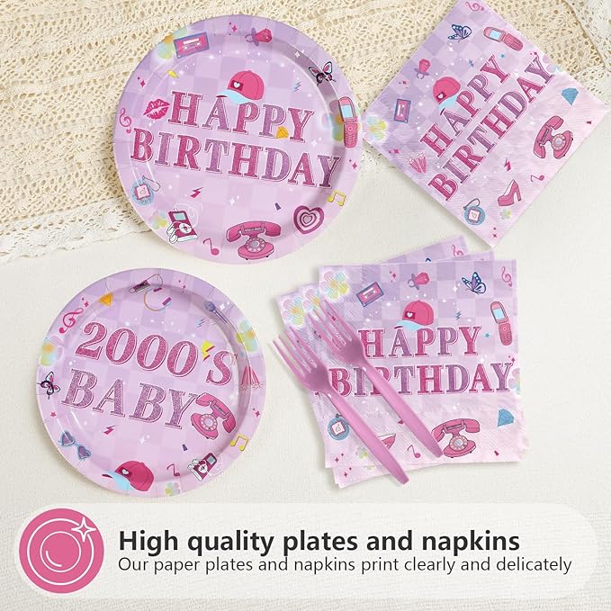 96 Pcs Y2k 2000s Birthday Party Supplies Pink Retro Fashion Plates and Napkins Disposable Early 2000s Theme Tableware Set for Girls Women Teen Birthday Party Decorations Serves 24