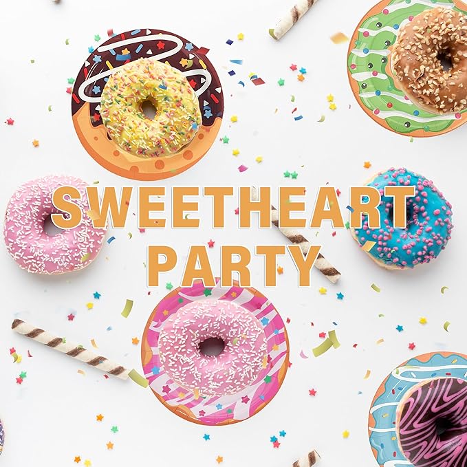 48Pcs Donut Paper Plates, 7in Donut Party Decorations Disposable Dessert Plates Tableware Dinnerware Set for Baby Shower Donut Themed Birthday Party Supplies