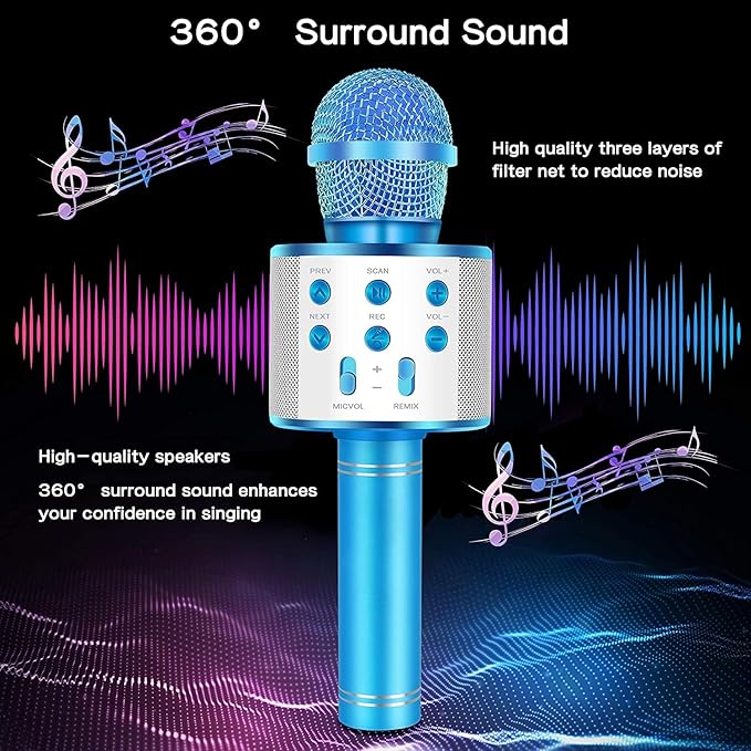 Wireless Bluetooth Karaoke Microphone for Kids, 5-in-1 Portable Handheld Karaoke Mic Speaker Player Recorder with Adjustable Remix for Kids Girls Boys Teens Birthday (Blue)