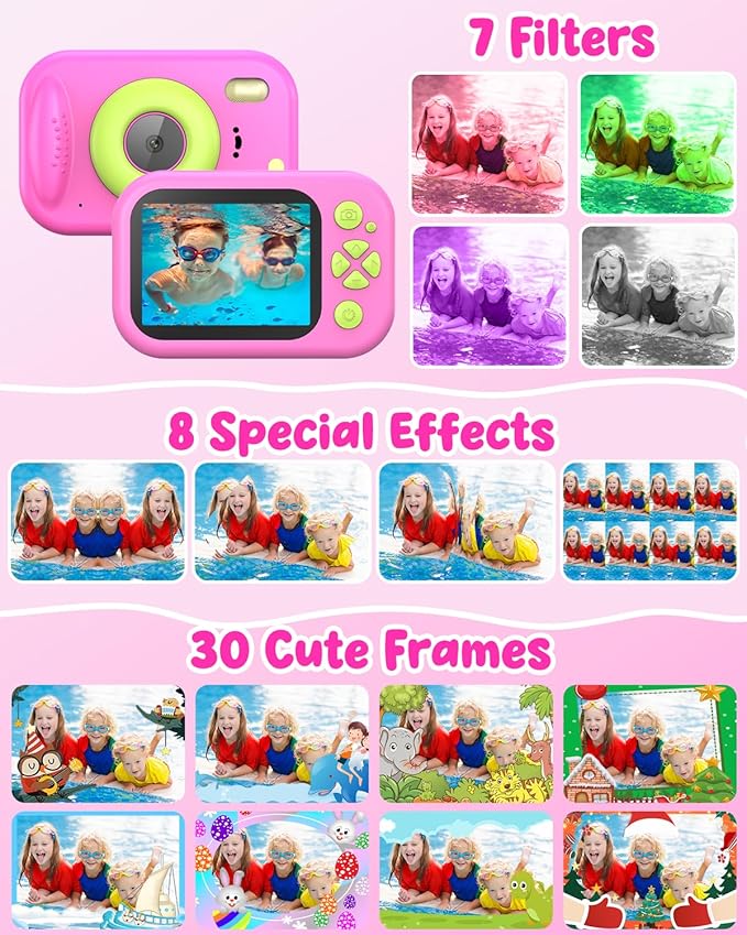 Waterproof Kids Camera, Underwater Camera for Kids 1080P Digital Video Camcorder with 2.4” Display, 32GB TF Card, Emergency LED Flash, Diving Swimming Beach Pool Toys for 3-12 Years Old Girls, Pink