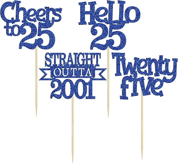 Ephlyn 24Pcs 25th Birthday Cupcake Toppers Glitter Straight Outta 2001 Cupcake Picks Hello 25 Cheers to 25 Years Cake Decorations for 25th Birthday Anniversary Party Decorations Supplies Blue