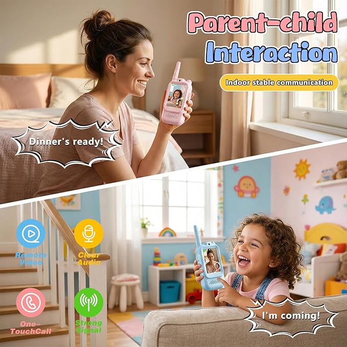 Video Walkie Talkies for Kids,with Long-Distance Transmission and High-Definition Display,Suitable As Gifts for Boys and Girls Aged 3-12,Perfect for Family Games (Pink + Blue)