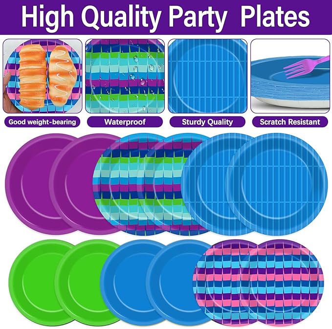 96Pcs Video Game Party Tableware Set Royale Gaming Party Supplies Game On Paper Plates and Napkins Level Up Dinnerware Decoration for Gamer Shower Birthday Parties Favor Serve 24 Guests