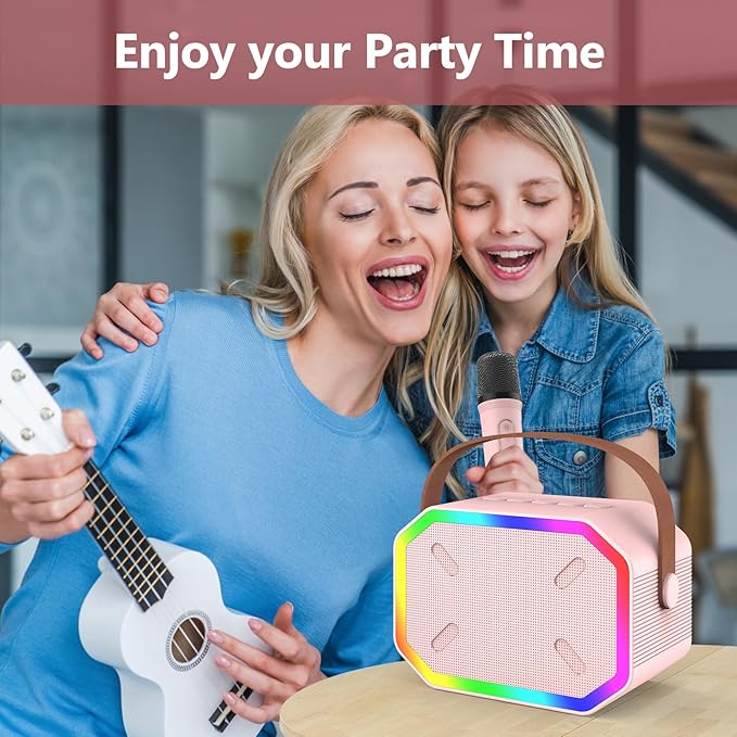 Karaoke Machine for Kids, Portable Bluetooth Speakers with Wireless Microphone Karaoke for Kids and Adults with LED Lights, Gifts for Girls and Boys Birthday Home Party - Pink