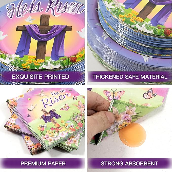 180Pcs Easter He is Risen Paper Plates and Napkins Set,Disposable Jesus Cross Lily Floral Easter Party Decorations for Religion Christ Party,Serve 60 Guests