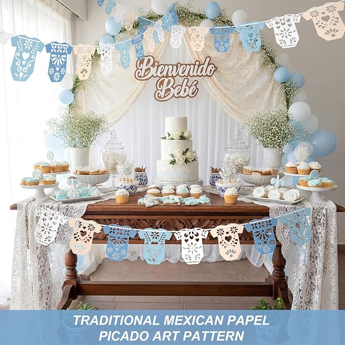4 Set Cielito Lindo Baby Shower Garland 48 Pcs Blue Papel Picado Party Decorations Mexican Lace Baby Bodysuit Banner Card with Hanging String for Gender Neutral Party Supplies