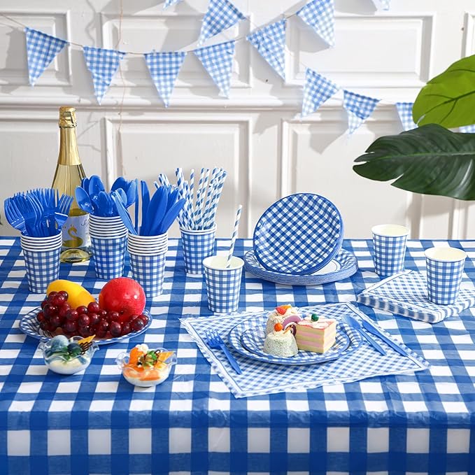 205 Pcs Party Supplies for 25 Guest Checkered Plaid Tablecloth Pennant Banner Plate Cup Napkin Cutlery and Straw for Birthday Party Family Dinner Picnic BBQ Birthday Party Decoration (Blue and White)
