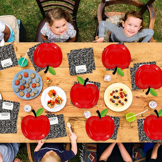 48 Pcs Back to School Tableware Set First Day of School Party Supplies Red Apple Paper Plates Composition Notebook Napkins Classroom Decoration for Kindergarten Preschool Teacher Party Serve 24