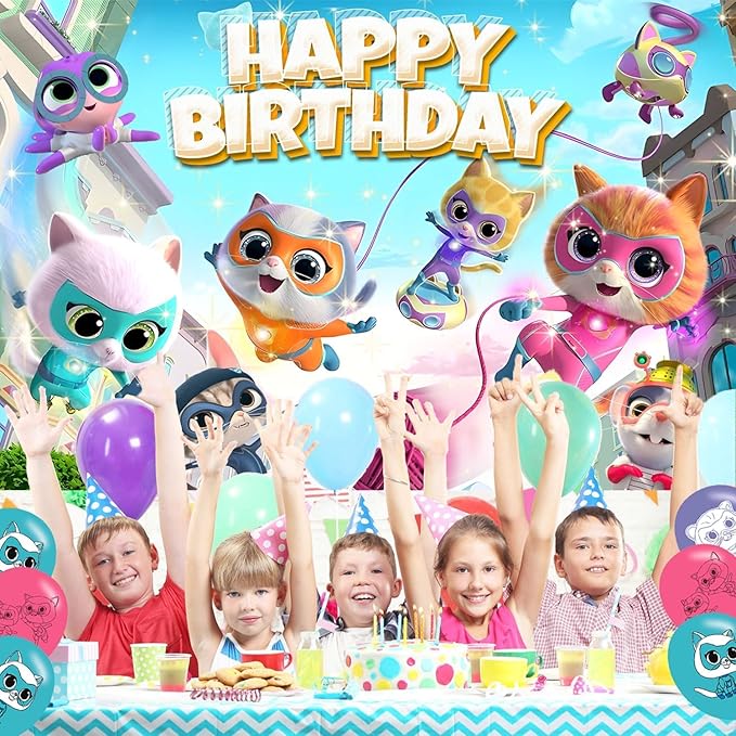 Super Cat Birthday Party Decoration,Kitties Party Photo Background 5 x 3 FT and 18 Pcs Balloon,Cat Merch Party Backdrop Supplies
