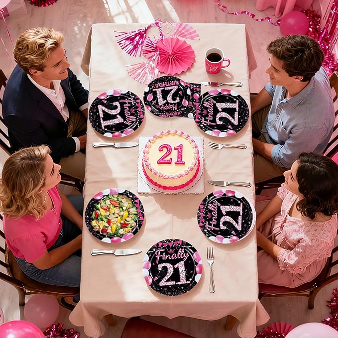 96Pcs 21st Birthday Party Supplies Black and Hot Pink Plates Forks and Napkins Diamond Finally 21 Disposable Paper Tableware Set for Girls 21 Year Old Birthday Party Supplies Serves 24