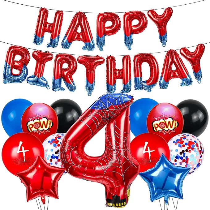 Cartoon Hero 40 Inch Red and Blue Spider Theme Number Foil Birthday Decoration Balloon, Spider Theme Happy Birthday Banner Party Decoration Balloon, Letter Logo Superhero Party Supplies (4)