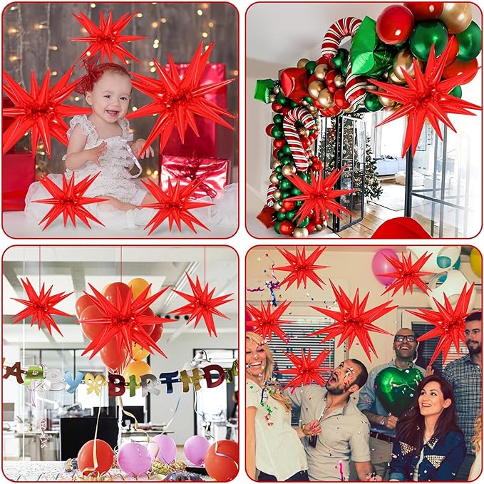 10 Pcs Red Star Balloons Explosion Starburst Balloons Foil Cone Balloon Magic for Birthday Wedding Anniversary Party Backdrops Decorations Supplies, 6 Pcs 22Inches and 4 Pcs 27Inches
