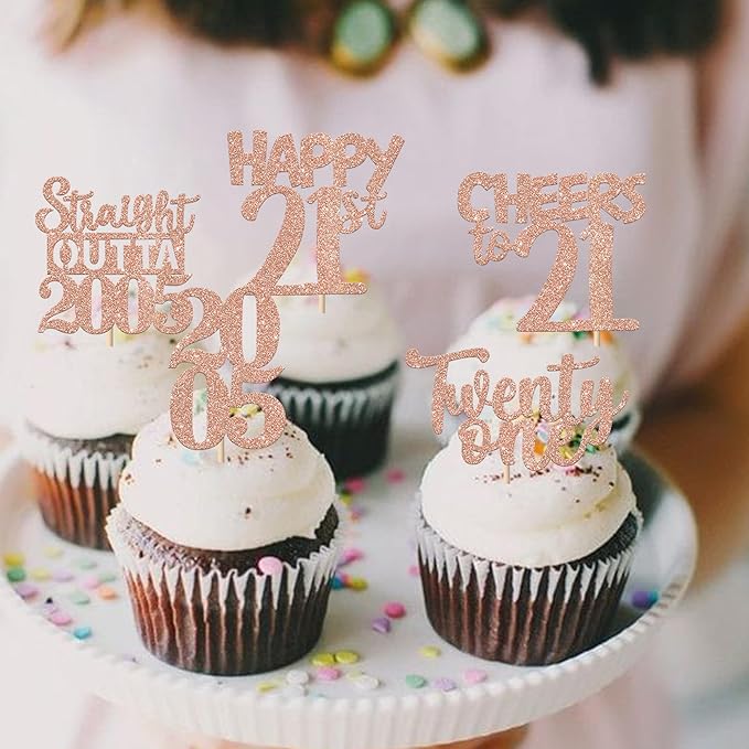 30PCS 21st Birthday Cupcake Toppers Glitter Twenty One Happy 21 Straight Outta 2005 Cupcake Picks for Cheers to 21 Years 21st Birthday Anniversary Party Decorations Supplies Rose Gold