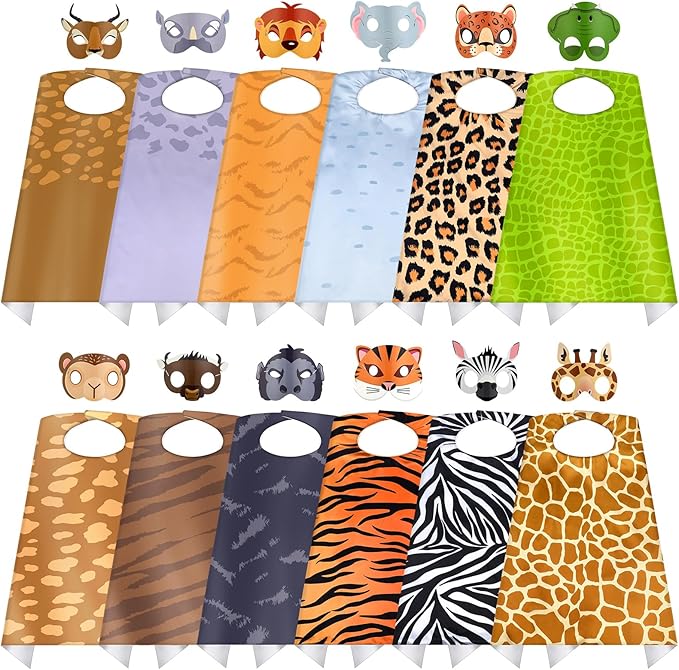 12 Set Safari Animal Mask and Capes Kids Jungle Safari Theme Party favors Cosplay Wild Birthday Decorations Animal Costumes Dress Up Set for Kids Birthday Party Supplies