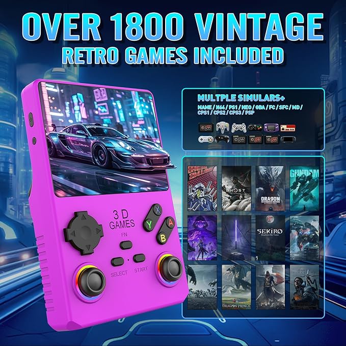 Hugawello R40 PRO Handheld Device, 35000 in 1 high-Definition Gaming mini Retro Video Console, 3.5-inch IPS Screen, 256GB RAM, 45 Built-in emulators, 3800mAh Battery (Purple 256GB)