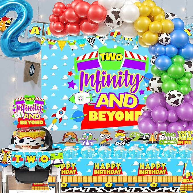 Two 2 Infinity & Beyond Birthday Decorations Cartoon Story Party Supplies 2nd Birthday include Backdrop Banner Cake Cupcake Toppers highchair Two Banner Balloons Arch Kits Tablecloth