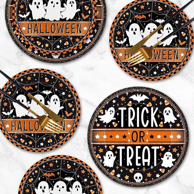 24 Pcs Happy Halloween Paper Plates Set - Cute Ghost Round Plate, Disposable Trick or Treat Dinner Dessert Plates Tableware Kit for Halloween Party Decorations Supplies Table Decor, Black Orange