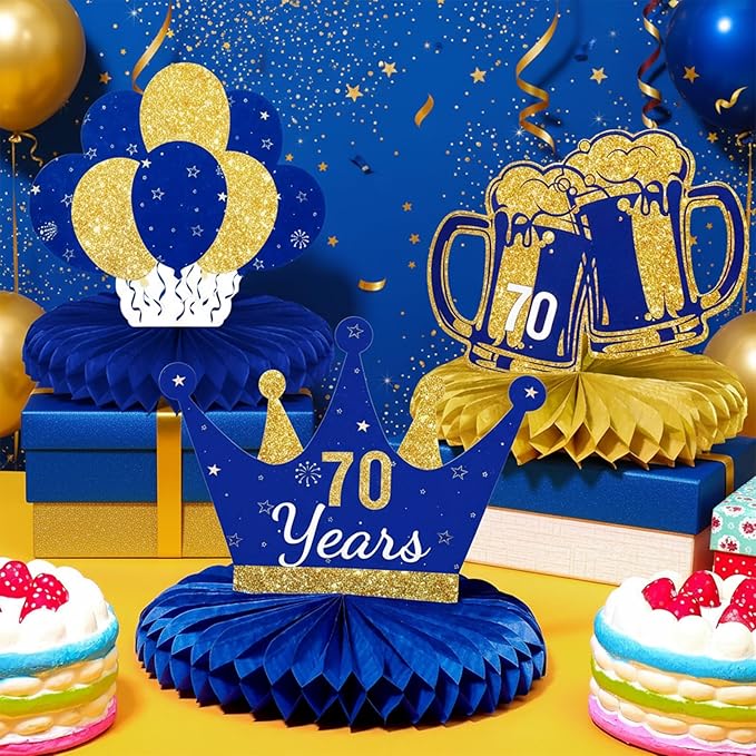 Spakon 8 Pieces Blue Gold 70th Birthday Table Decorations 70th Birthday Honeycomb Centerpieces Glitter Table Toppers Blue and Gold Party Decorations for Men and Women Party Supplies