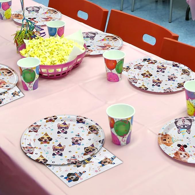Fesciory 96 Pcs Dog Birthday Party Plates Napkins Forks Supplies Tableware Set Disposable Paper Dog Theme Decoration for Kids Birthday Party, Serves 24 Guests