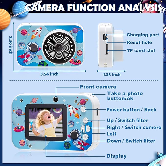 Kids Camera, 48MP Digital Camera for Kids with Dual Lens, 8X Zoom, IPS Screen, Music & Games, Gift for Children Ages 3–12, Blue