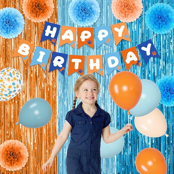 Ouddy Life Blue and Orange Party Decorations, Dusty Pastel Blue Boy Birthday Supplies Confetti Balloons Banner Dog Paw Bone Foil Paper Pompoms Fringe Curtain for Girls Kids Baby Shower Boho Decor