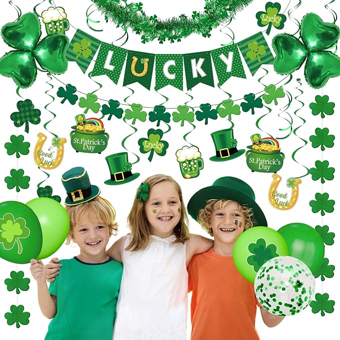 61Pcs St. Patrick's Day Decorations, Lucky Shamrock Banner Shamrocks Garland Saint Patrick Hanging Swirl Cutout 6.56FT St Patricks Day Garland Balloons for Irish Lucky Day Home Party Supplies