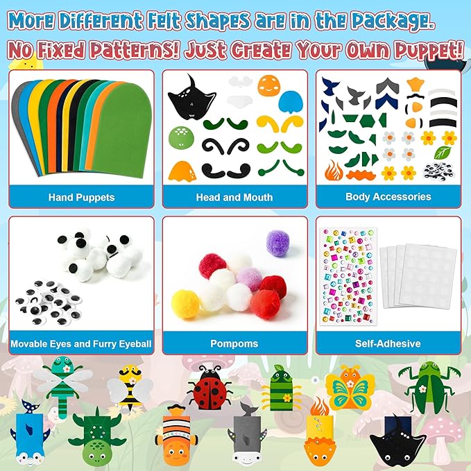 WATINC 12Pcs Hand Puppet Making Kit, Art Craft Felt Sock Puppet Toys, Creative DIY Make Your Own Pompoms Wiggle Googly Eyes Storytelling Role Play Party Supplies Gift for Girls Boys (Insect A Ocean A)