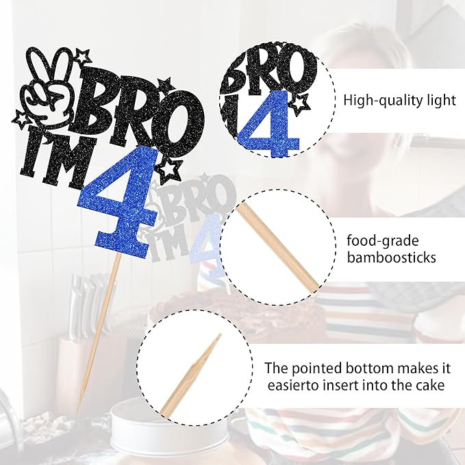 1 PCS Brother I'm 4 Cake Topper Glitter Star Happy 4th Birthday Cake Pick Bro I'm 4 Cake Decoration It's My 4th Birthday Decorations for Boys Cheers to 4 Years Old Birthday Party Supplies Blue