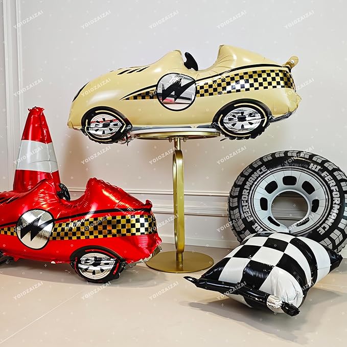 2PCS Self Standing Race Car Tire Foil Balloon Red And Yellow Car Balloon For Birthday Boy Race Themed Party Baby Shower Decorations Supplies