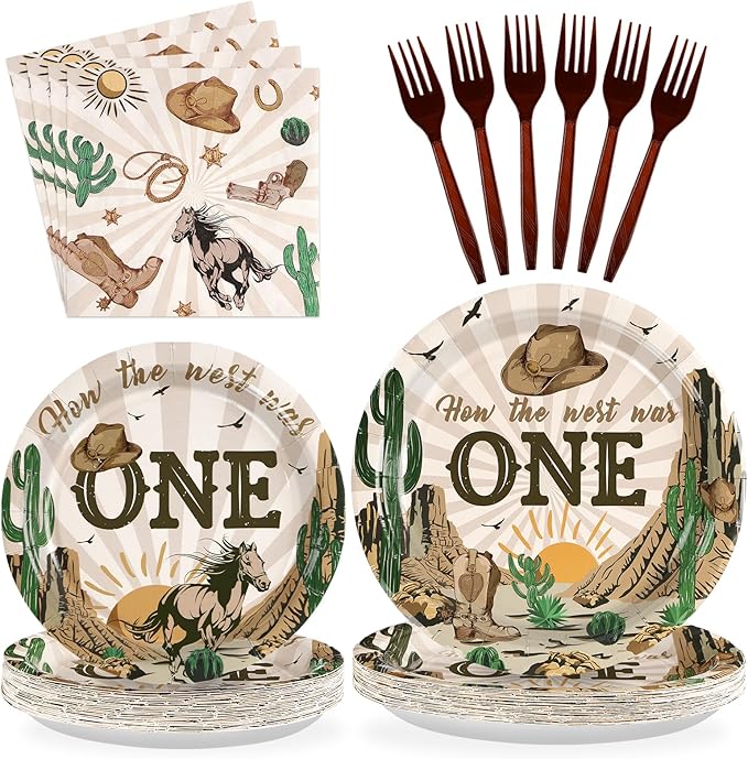 96Pcs How the West Was One Party Decorations 350 GSM Western Cowboy 1st Birthday Plates and Napkins Tableware Set for Boys One Year Old First Rodeo Wild West Party Supplies Serve 24