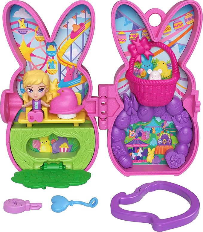 Polly Pocket x Peeps, Micro Doll & 2 Playsets with 7 Themed Accessories, Keychain Clip, Travel Toy, Partnership Compact
