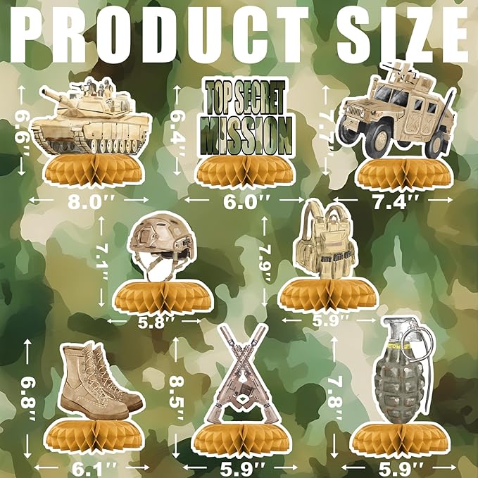 Army Party Centerpiece Set - 3D Tank Honeycomb Army Birthday Decorations and Army Table Toppers for Kids' Military-Themed Birthday and Baby Shower Table Décor