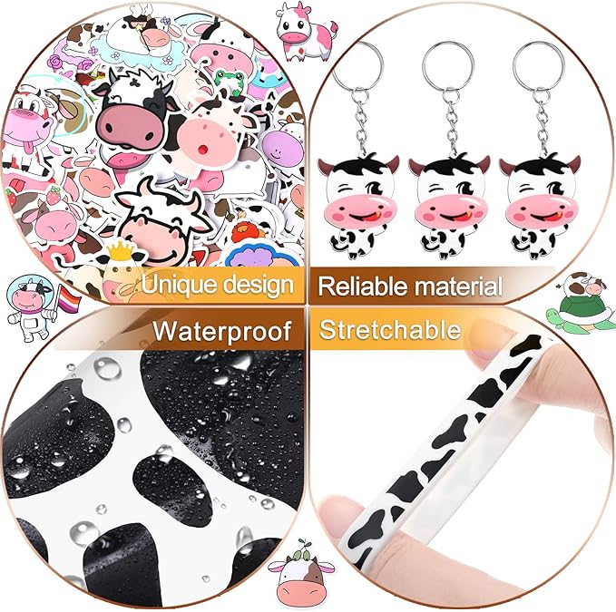 Chunful 148 Pcs Cow Party Favors Include Cow Print Gift Bag Cute Keychain Elastic Silicone Bracelets Animal Stickers for Birthday Party Supplies