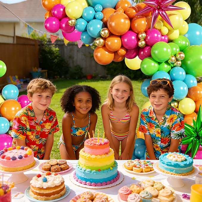 Summer Tropical Balloon Arch Kit 141Pcs Orange Hot Pink Yellow Blue Green Gold Balloons with Foil Star Balloons for Hawaiian Luau Aloha Theme Baby Shower Birthday Party Decorations