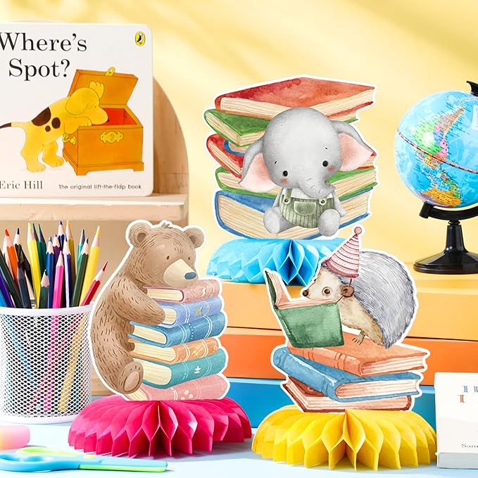 12 Pcs Book Party Decorations a Chapter Is About to Begin Honeycomb Centerpieces Book Animal Storybook Table Decoration Lions Tigers Bears Elephants Table Topper for Party Decor