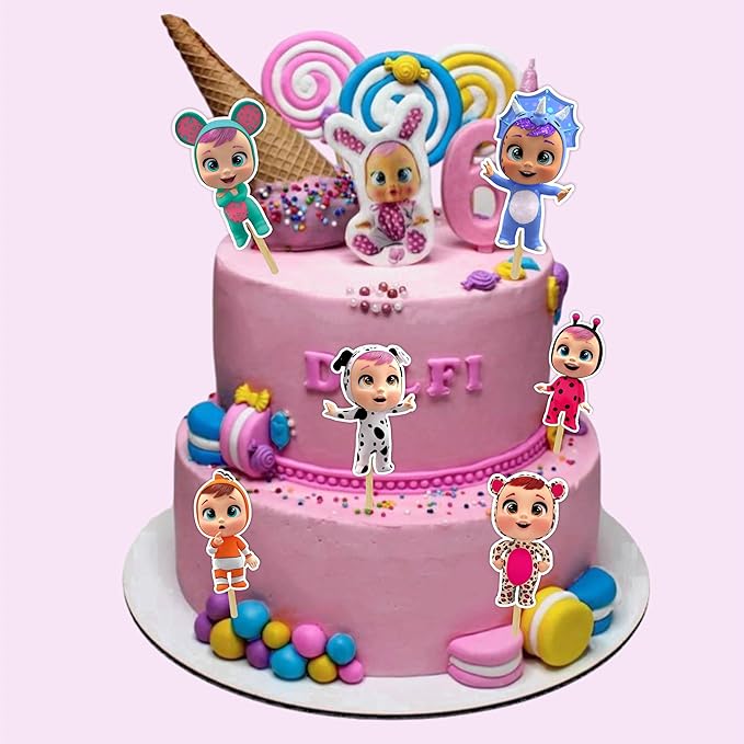 "Cri Babes Cupcake Topper – Cute Cartoon Baby Doll Theme Birthday Party Cupcake Picks – Adorable Cupcake Decorations for Birthday Celebrations, Baby Showers, and Themed Party Dessert Tables"