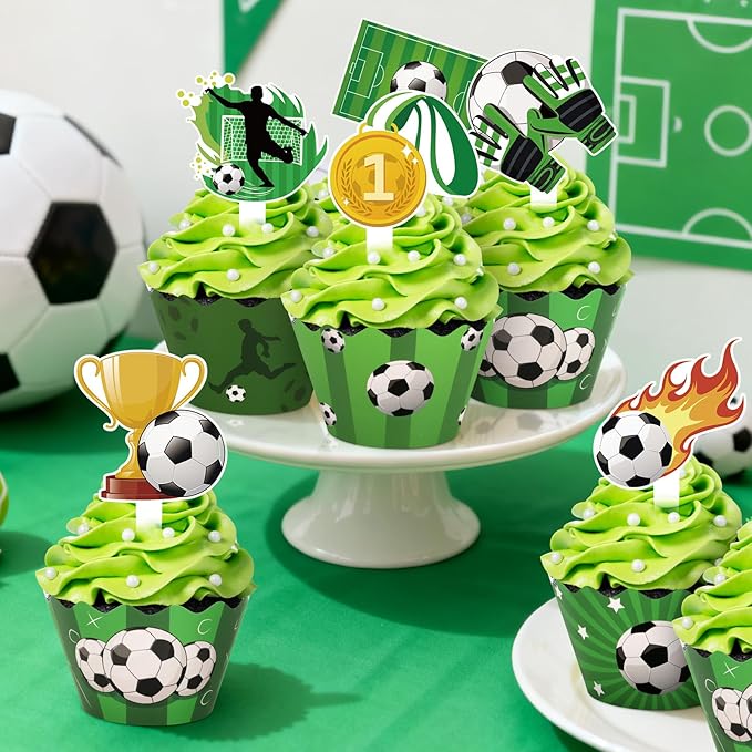 48 Pack Soccer Cupcake Toppers and Wrappers, Soccer Ball Party Cake Decoration for Sport Theme Birthday Party Baby Shower Supplies