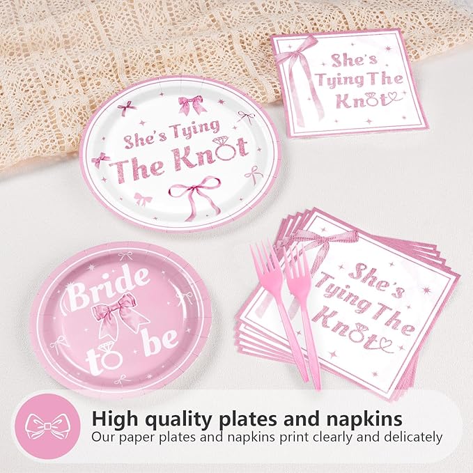 Grencian 96Pcs Pink Bow Bridal Shower Decorations Pink Bow Bride to Be Party Plates She's Tying The Knot Paper Tableware for Wedding Engagement Bride Groom Bachelorette Party Supplies, Serves 24