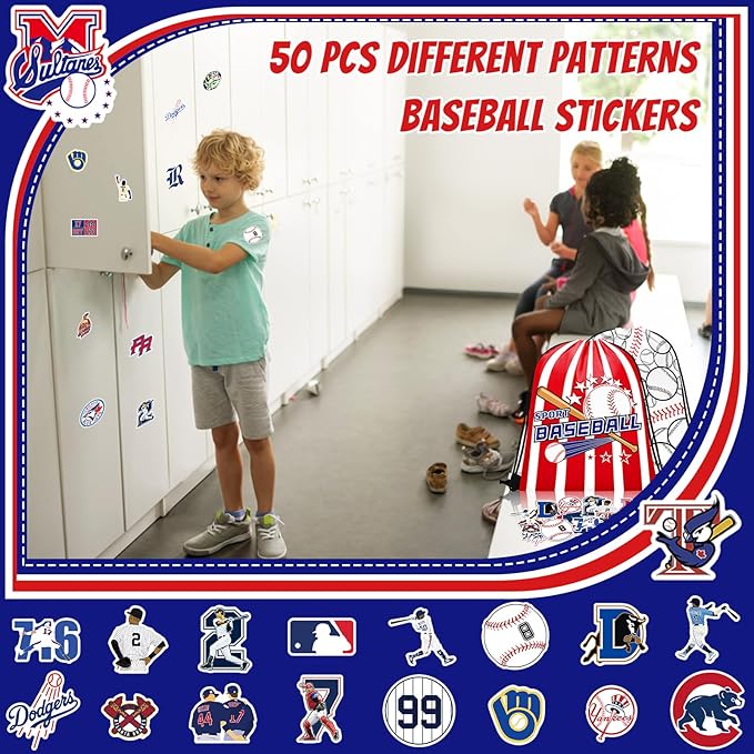 110 Pcs Baseball Party Favors, Drawstring Bags Baseball Goodie Bags with Keychains Silicone Bracelets Stickers Gift Bags for Baseball Themed Birthday Party Favors Supplies