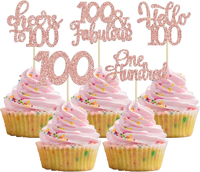 30pcs Happy 100th Birthday Cupcake Toppers - Rose Gold Glitter One Hundred Cheers to 100 Years Old Cupcake Picks for Anniversary Party Cake Decorations