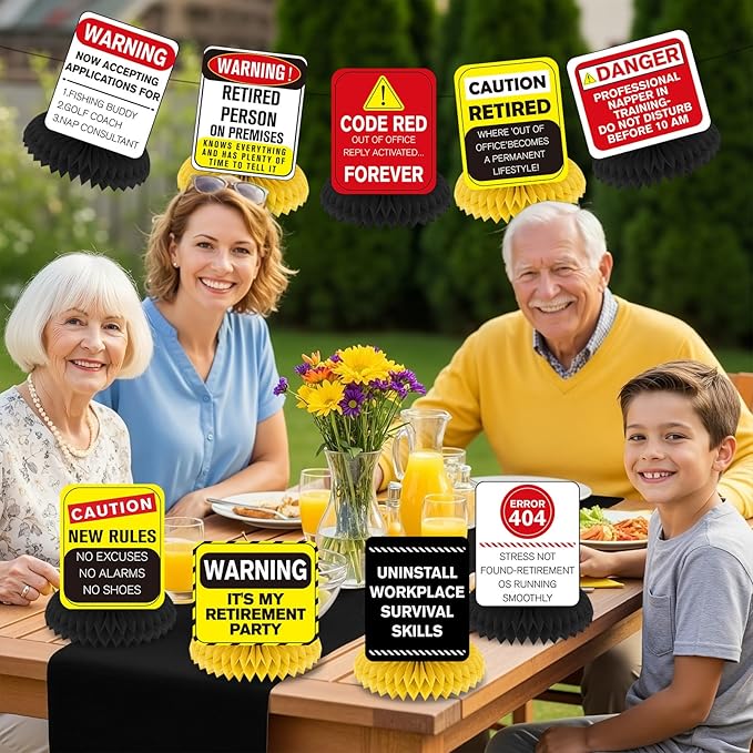 Funny Retirement Party Decorations 9Pcs Retirement Honeycomb Centerpieces for Women & Men Happy Retirement Table Centerpieces Caution Logos Sign for Office Coworker Farewell Going Away Party