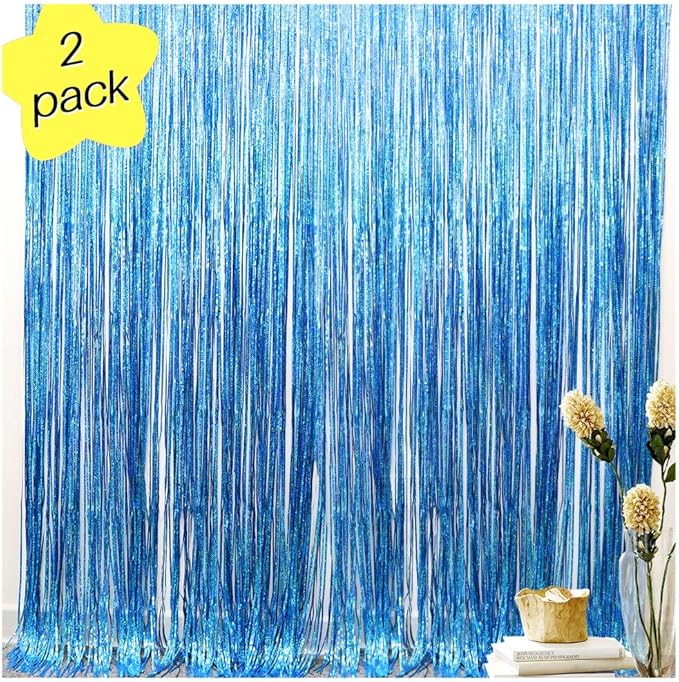 Blue Foil Fringe Curtains Iridescent Mermaid Shark Party Supplies Photo Backdrop Decor Curtains Under The Sea Backdropr Wedding Window Party Decorations Photo Booth Props(2 * 6.5 * 3.2 Ft, Lake Blue)