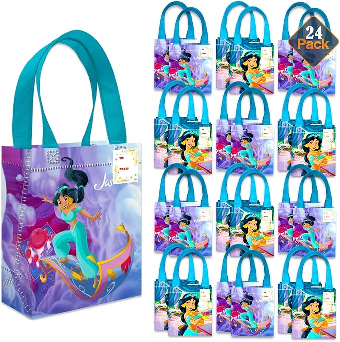 Princess Jasmine Party Favor Bags Set – 24 Pack 8" Aladdin Goodie Bags for Kids Bulk Reusable Mini Totes | Disney Princess Jasmine Birthday Party Supplies