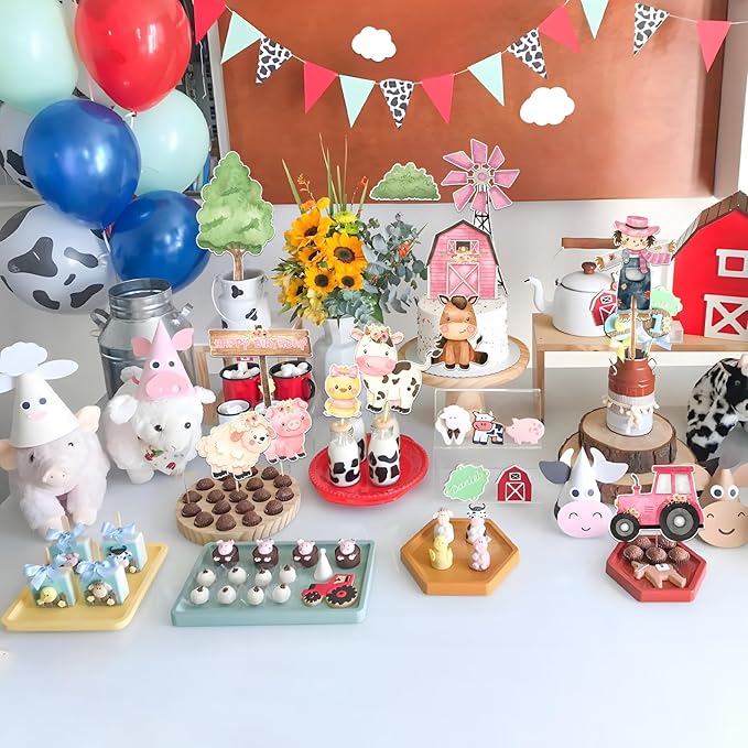 Pink Farm Cake Toppers for Farm Animals Birthday Decoration 14 Pcs Farm Animals Cake Becorations Birthday Party Supplies Cow Birthday Party Supplies