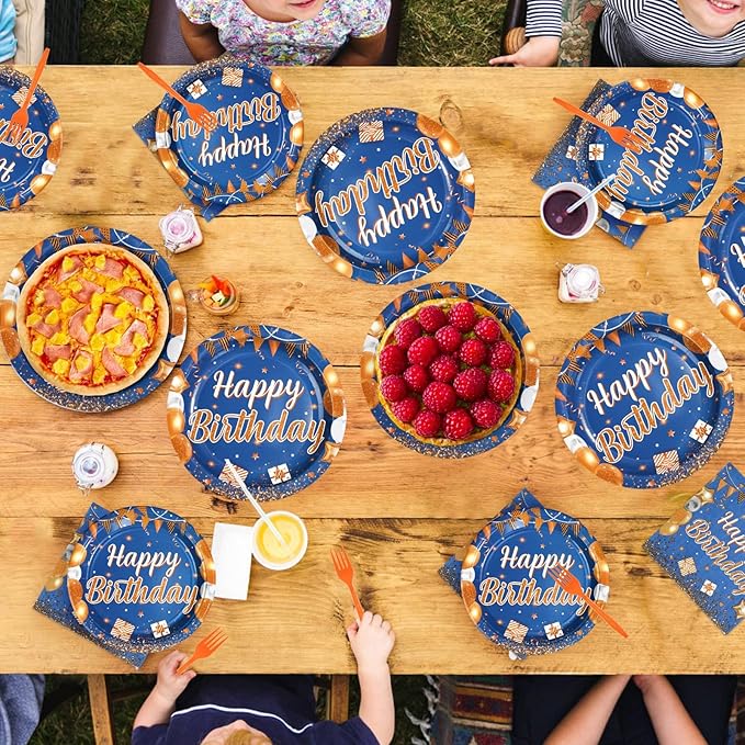 96 Pcs Happy Birthday Party Decorations Blue and Orange Plates and Napkins Disposable Navy Blue Orange Tableware Set for Boys Girls Men Women Birthday Anniversary Party Supplies Serves 24