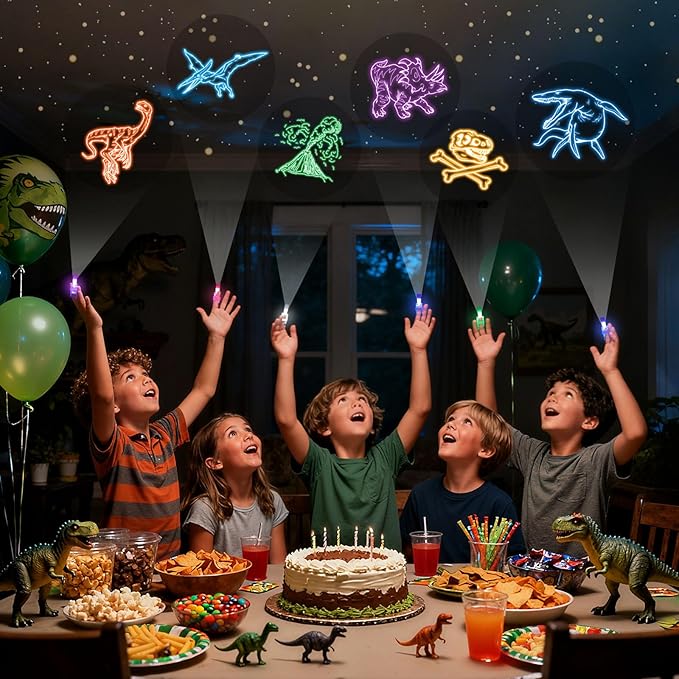 LovesTown 24PCS Dinosaur Party Favors, LED Light up Finger Lights Glow in The Dark Finger Flashlights for Birthday Party Decorations Easter Goodie Bags Fillers Classroom Prizes